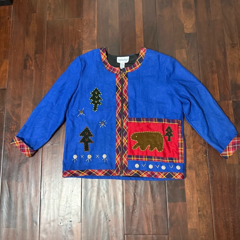 Vintage Radical Rags Wool Full Zip Jacket Blue With Bears Size Large Stitched